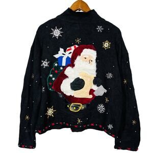 Vintage Christmas Sweater Designers Orig Full Zip Cardigan Black Silver - L